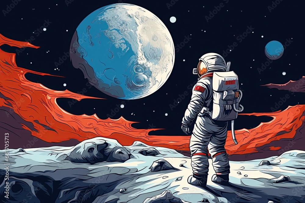 Obraz premium Astronaut on an alien planet. Futuristic space exploration concept. Poster design. Ai Generative