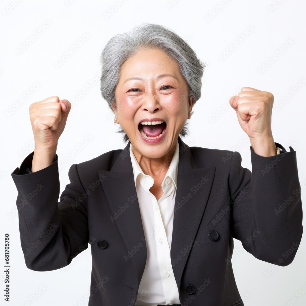 excited japanese senior businesswoman transparent  background