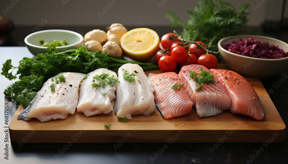 Fresh salmon steak on a wooden cutting board, healthy gourmet meal generated by AI Fresh salmon steak on a wooden cutting board, healthy gourmet meal generated by AI