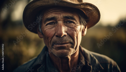 Senior cowboy farmer with confidence and serious expression outdoors generated by AI