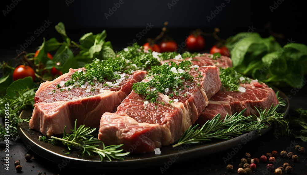 Freshness and tenderness of grilled beef steak on wooden plate generated by AI