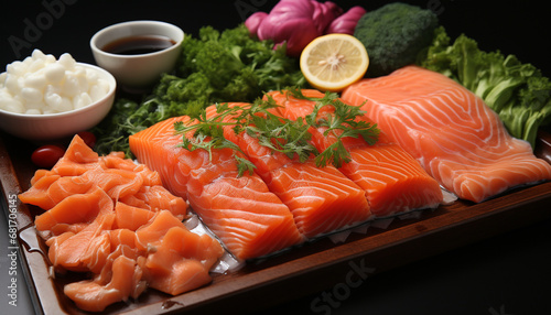 Fresh salmon fillet on a wooden plate, healthy gourmet meal generated by AI