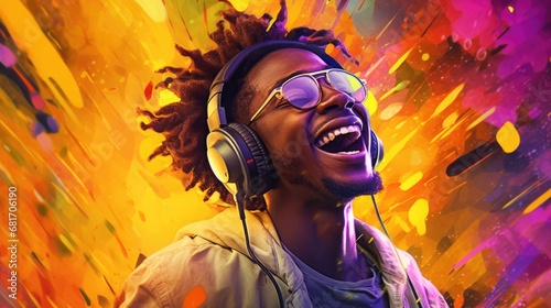 candid shot of an excited young african man party with headphones. beautiful Generative AI AIG32 photo