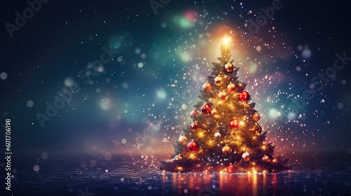 Christmas background. New Year celebration . Holiday magic, lights, Christmas tree. photo