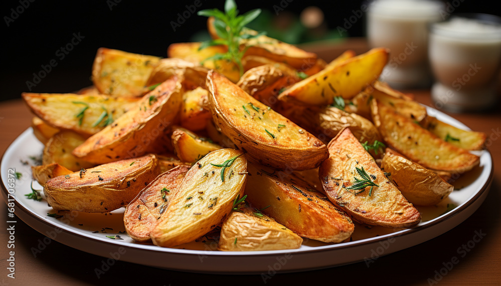 Freshly prepared gourmet meal healthy vegetarian potato wedges on rustic wood generated by AI Freshly prepared gourmet meal healthy vegetarian potato wedges on rustic wood generated by AI