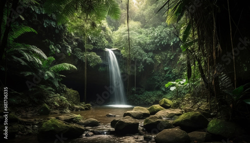 Tranquil tropical rainforest landscape  flowing water  natural beauty  fresh outdoors generated by AI