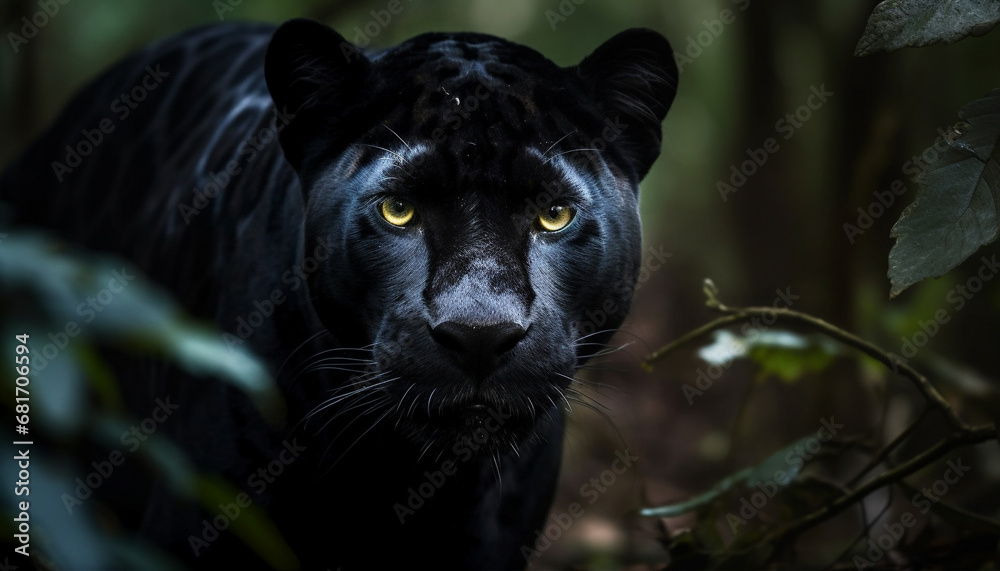 Feline staring, close up portrait of black cat in green forest generated by AI