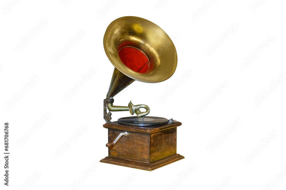 Fototapeta premium vintage gramophone with vinyl disc isolated on white background