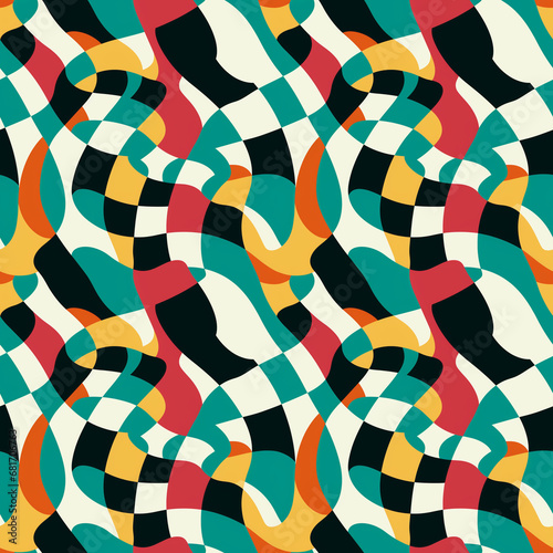 Colorful Geometric Shapes Pattern, Abstract Wavy Lines and Blocks, Retro Seventies Style Seamless Background