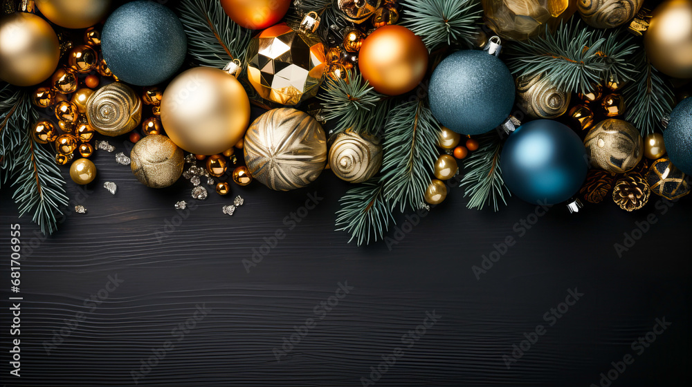 Christmas and New Year holiday background with colorful christmas balls. Christmas decoration on black wooden background. Top view with copy space. Generative AI technology. Christmas and New Year holiday background with colorful christmas balls. Christmas decoration on black wooden background. Top view with copy space. Generative AI technology.