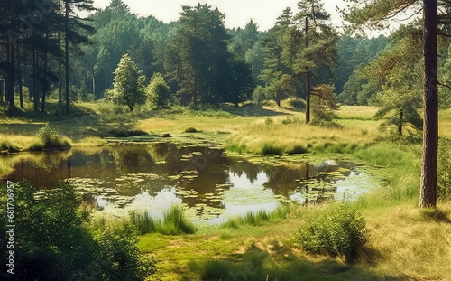 Acrylic painting of a landscape with a calm forest lake, in the water of which trees are reflected.