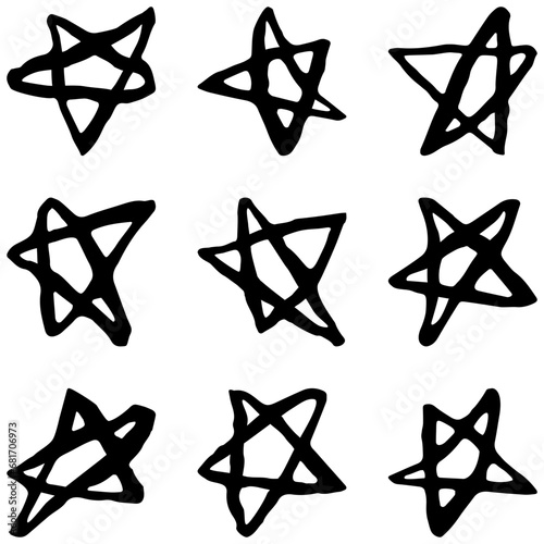 Set of pentagonal stars or pentagrams. Seamless repeating pattern. Rough vector childlike clipart isolated on transparent background. Grunge hand-drawn design element