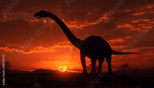 Majestic silhouette of horned dinosaur grazing in African savannah generated by AI © Jeronimo Ramos