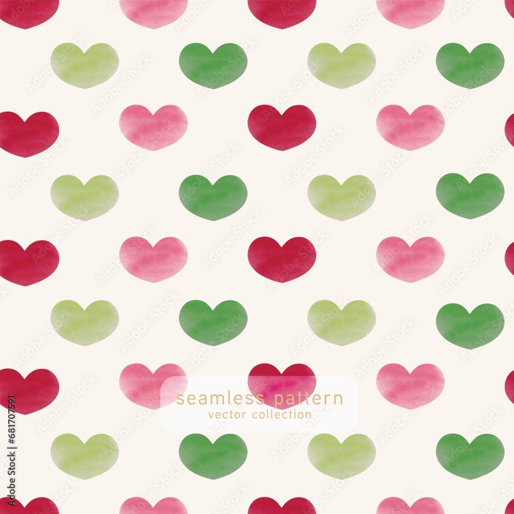 Merry Christmas watercolor painting hearts colorful pattern. Trendy square Winter Holidays art pattern templates. Christmas design trends go beyond basic red and green.
