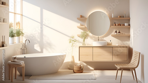 A serene  sunlit modern bathroom with a sleek white bathtub  wooden vanity  and minimalistic decor  highlighted by natural light and green plants. Scandinavian interior