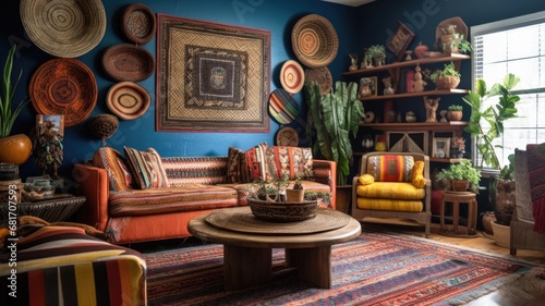Living room decor, home interior design . Bohemian Eclectic style with Gallery Wall decorated with Rattan and Textiles material . Generative AI AIG26.