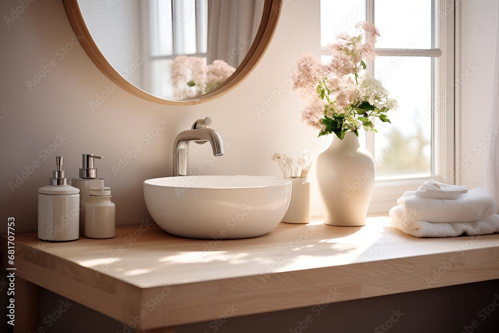 Fototapeta premium Scandinavian interior. Charming bathroom setup featuring a white vessel sink, soft towels, and a large window providing natural light and a view