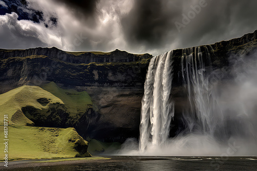 The captivating allure of Iceland's summer waterfalls, such as Skogafoss and Gullfoss, flowing with full force due to the melting glaciers, creates a dramatic and powerful sight. The lush green surrou