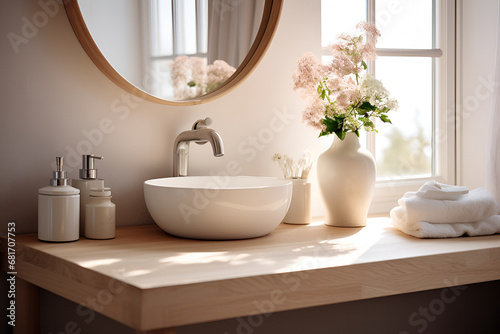 Scandinavian interior. Charming bathroom setup featuring a white vessel sink, soft towels, and a large window providing natural light and a view