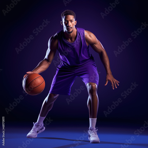 Basketball player mid-shot, blue gradient background