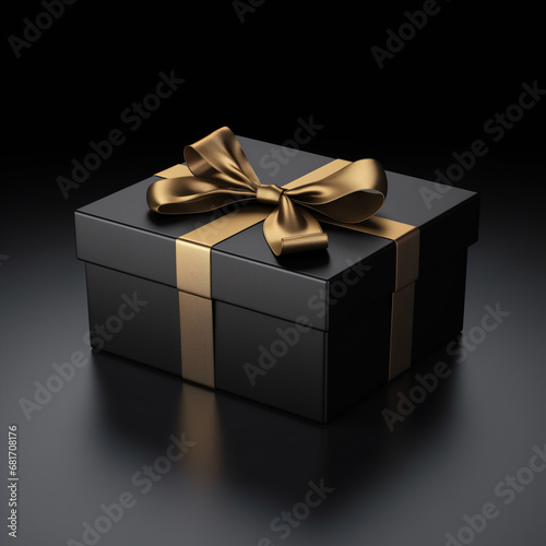 Blank open black present box or top view of opened black gift box with black ribbons and bow isolated on dark background with shadow minimal black friday sale concept