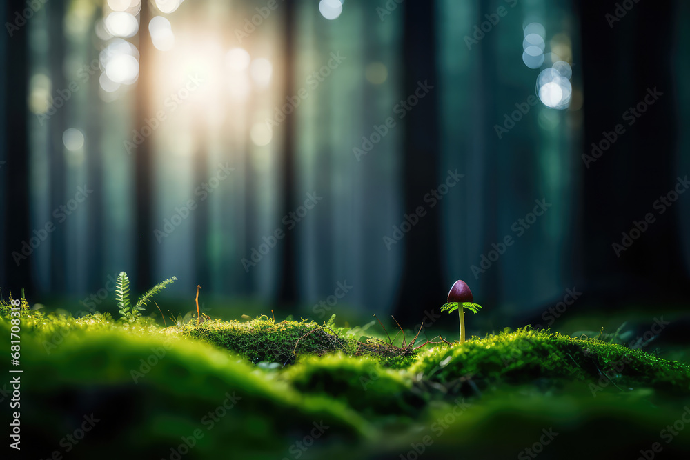 A captivating macro photograph of damp tiny mushrooms emerging from the damp forest floor, with their rich earthy tones contrasting against the green moss. The image showcases the intricate details an - obrazy, fototapety, plakaty 