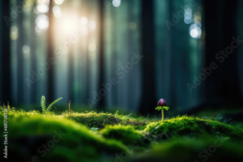 A captivating macro photograph of damp tiny mushrooms emerging from the damp forest floor, with their rich earthy tones contrasting against the green moss. The image showcases the intricate details an