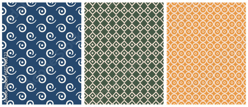 Abstract Hand Drawn Geometric Vector Patterns. Light Beige Swirls, Circles and Rhombus Isolated on a Dark Blue, Green and Mustard Brown Background. Irregular Abstract Doodles Repeatable Print. RGB.