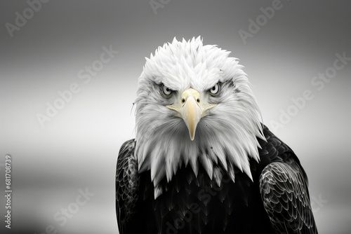 A monochromatic photograph of a majestic bald eagle perched on a branch  with its piercing gaze and intricate feather details showcased in black and white. The monochromatic tones create a timeless an