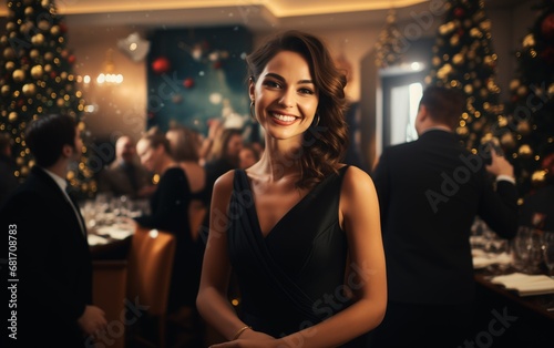 Beautiful woman in black dress at party. Smiling young female in restaurant with christmas trees.