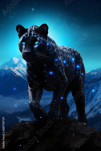 a panther standing on a mountain with glowing stars behind it