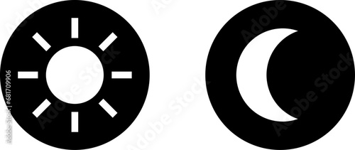 Light Day and Dark Night Mode Sun and Moon Symbol Round Circle Button Icon Set. Vector Image.