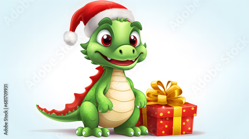 Cheerful Christmas Dragon with Santa Hat and Present