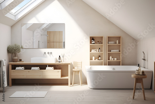 Bright attic bathroom with skylight, modern tub, wooden shelves, and minimal decor, bathed in natural light. Scandinavian style