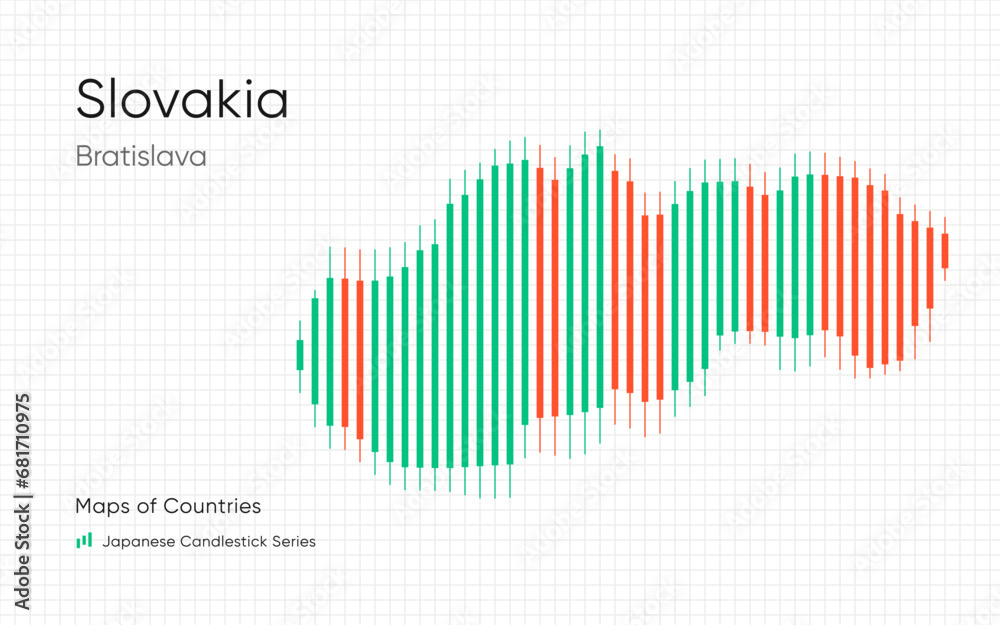 Slovakia map is shown in a chart with bars and lines. Japanese candlestick chart Series	