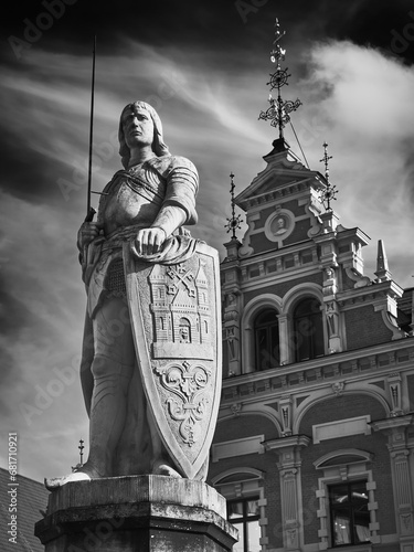 Roland sculpture and the House of the Blackheads in the town hall square in downtown of old  Riga city, Latvia.