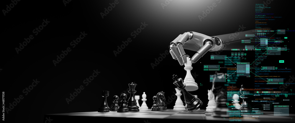 ai Artificial Intelligence,Data Science,Information technology,edge computing.Robotic arm playing chess on chessboard.Advanced technology utilizes complicated algorithms to solve problems for humanity - obrazy, fototapety, plakaty 