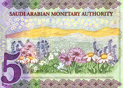 Fragment of the reverse side with field of flowers of the 5 SAR five Saudi Arabia riyals banknote photo