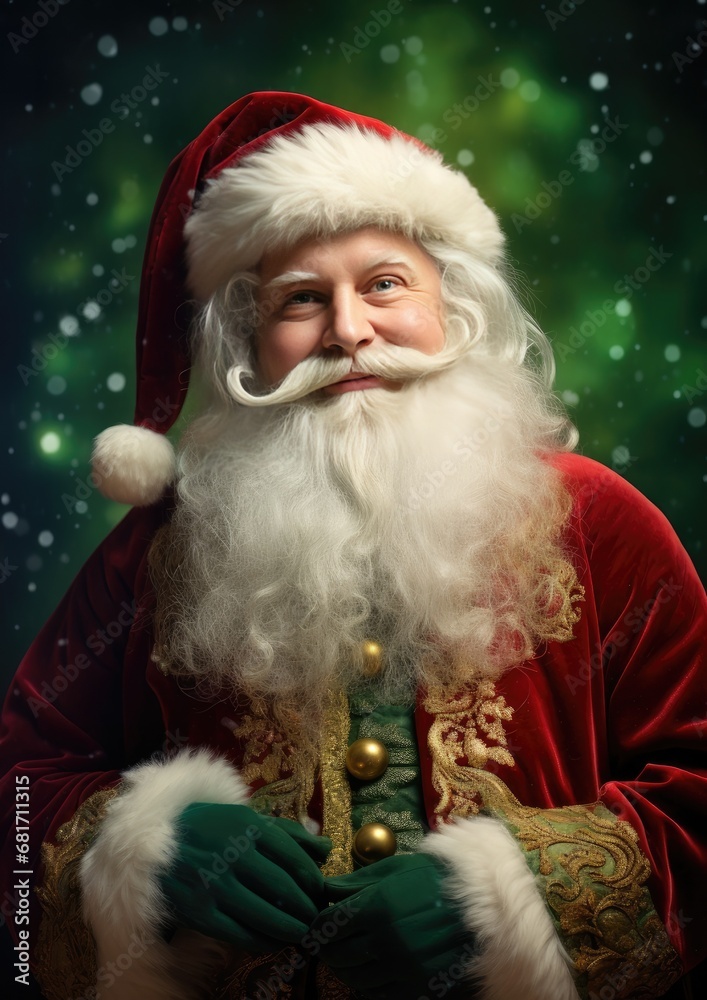 Cute Santa Claus in red clothes with a long white beard on a green background. Generative AI. Cute Santa Claus in red clothes with a long white beard on a green background. Generative AI.
