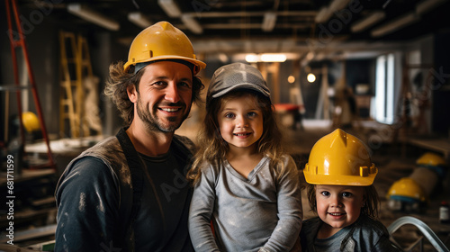 A family in hard hats at a construction site.