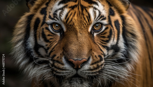 Majestic Bengal tiger staring with focus on foreground in nature generated by AI