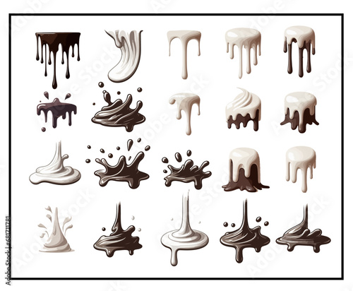 White paint drips or chocolate melts or drips. Set of abstract liquid splash elements. Flat vector illustration of splash ink flows