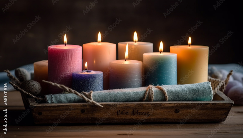 Glowing candlelight illuminates rustic wood in a romantic still life generated by AI Glowing candlelight illuminates rustic wood in a romantic still life generated by AI