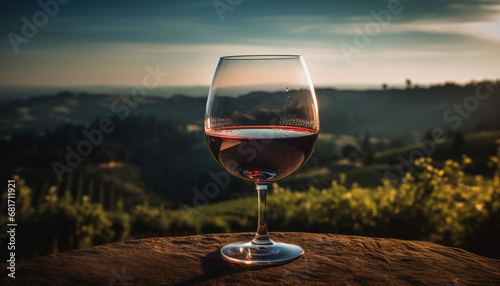 Wineglass on table, outdoors at winery, enjoying red wine sunset generated by AI