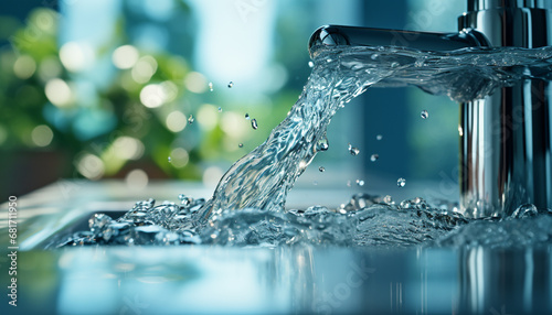 Refreshing water pouring from faucet, clean and pure generated by AI