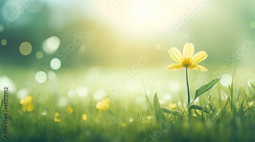 In the midst of the lush green grass, a delicate small yellow flower bloomed, adding a beautiful touch of floral elegance to the enchanting beauty of nature.