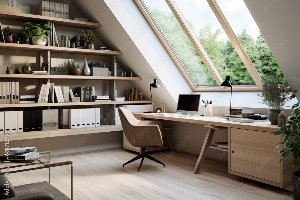 Obraz na płótnie Interior design of modern scandinavian home office with desk and shelves w salonie
