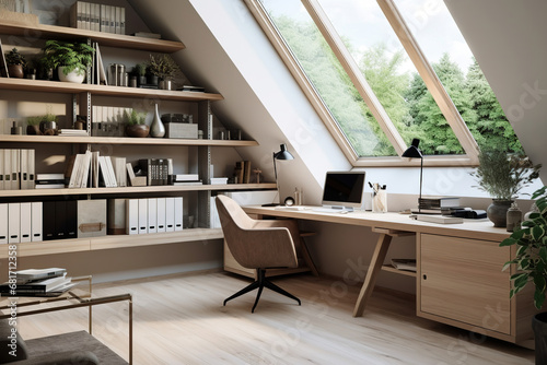 Interior design of modern scandinavian home office with desk and shelves photo