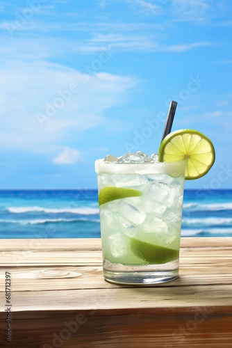 photorealistic margarita on the rock on a wooden table with a ocean wave background, shallow depth of field 