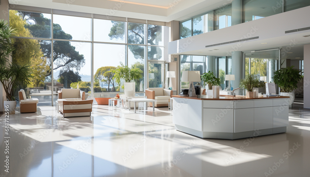 Modern design, indoors table, chair, plant, window, clean, comfortable generated by AI Modern design, indoors table, chair, plant, window, clean, comfortable generated by AI